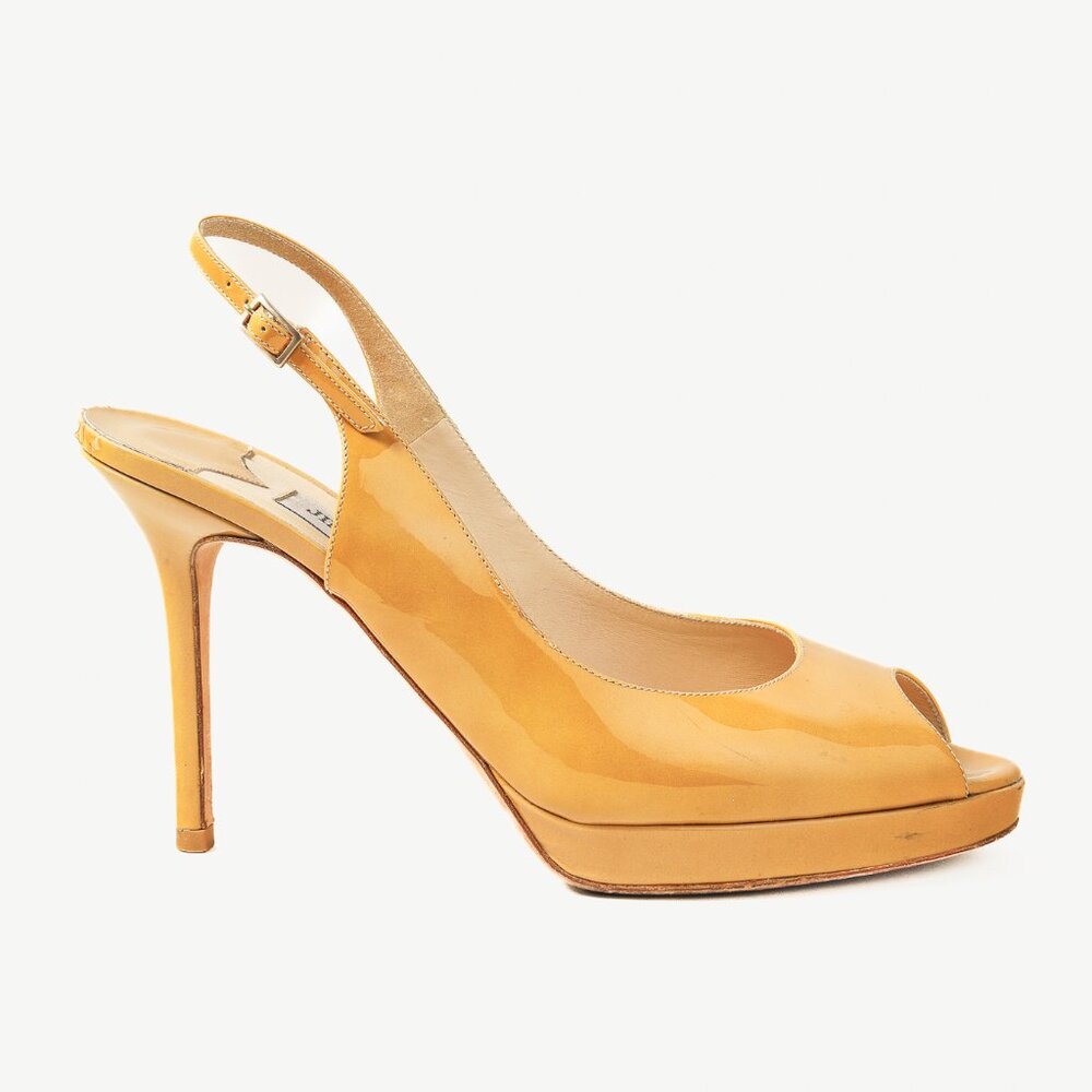 Jimmy Choo Nova Patent Platform Stiletto Heel Peep Toe Slingback Sandals